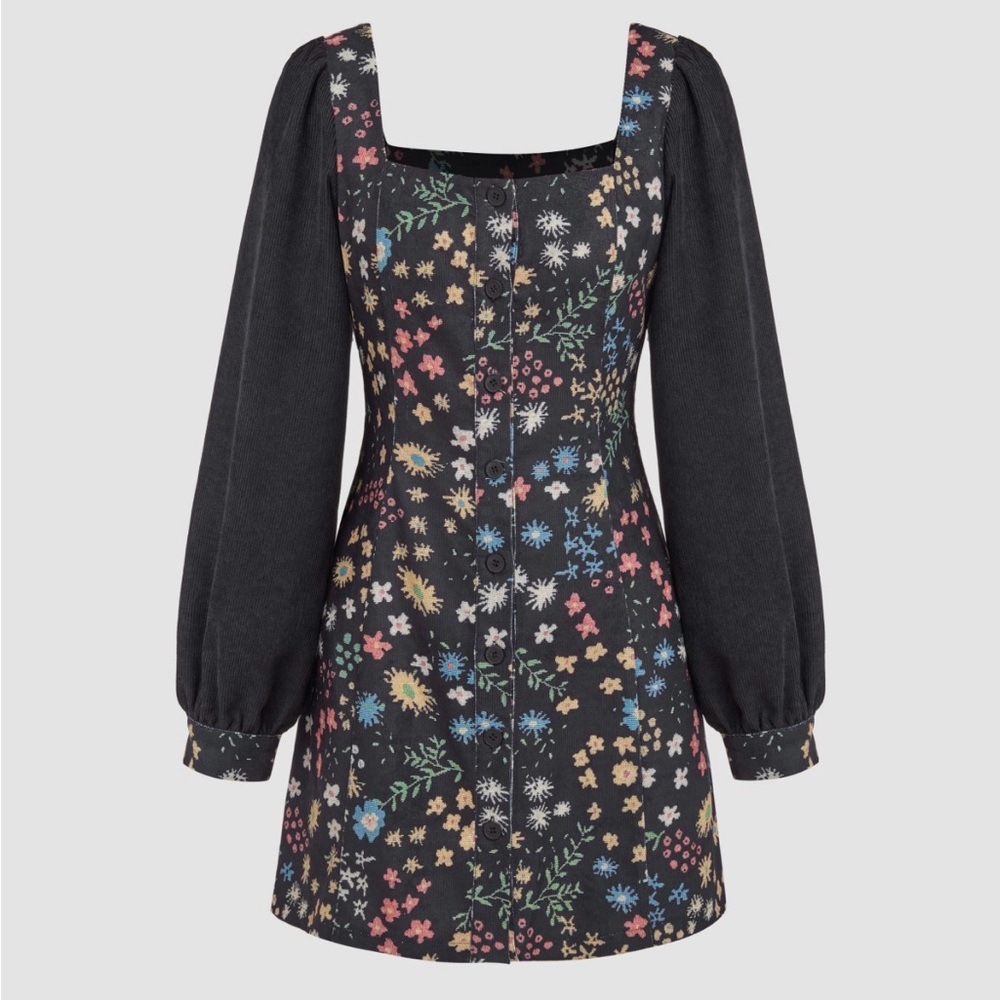 Cider Black Floral Square-Neck‎ Long-Sleeve Mini Dress